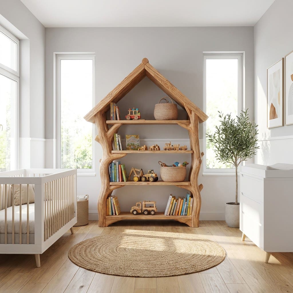 Sculptural hand-carved solid wood kids bookshelf with treehouse design for modern children's rooms