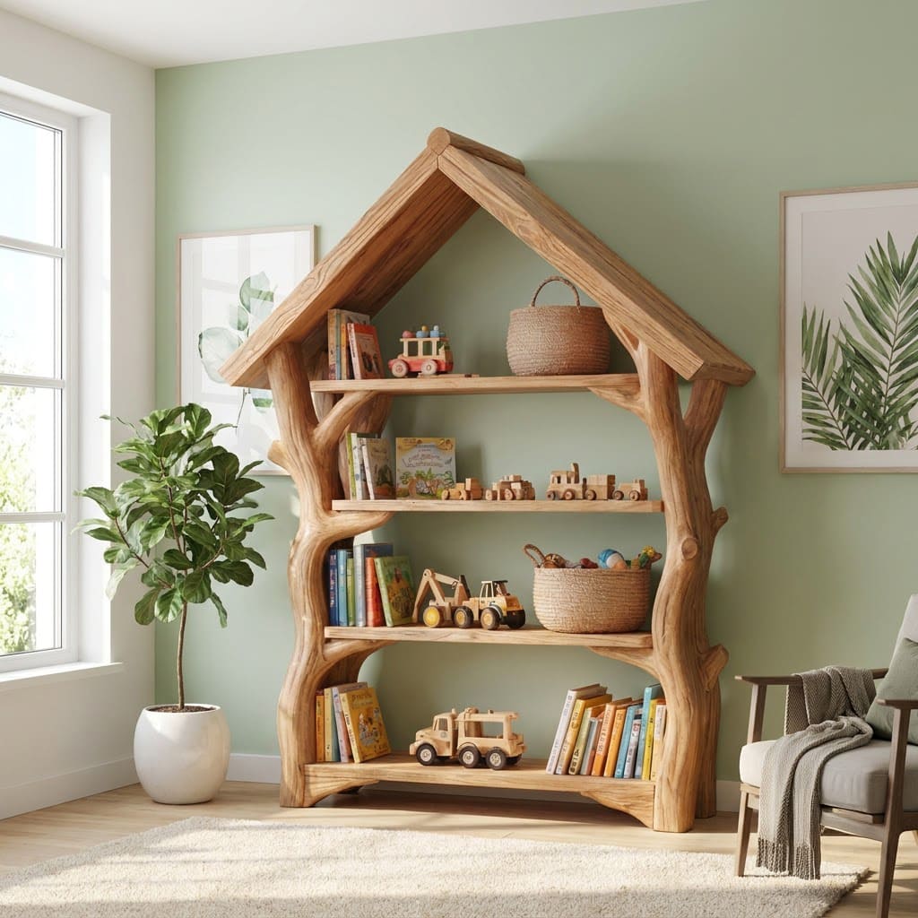 Hand-carved solid wood kids bookshelf and toy storage unit for stylish nursery interiors