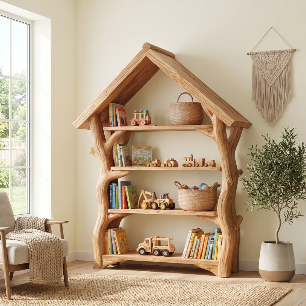 Sculptural solid wood treehouse bookshelf with integrated toy storage for playful kids' spaces