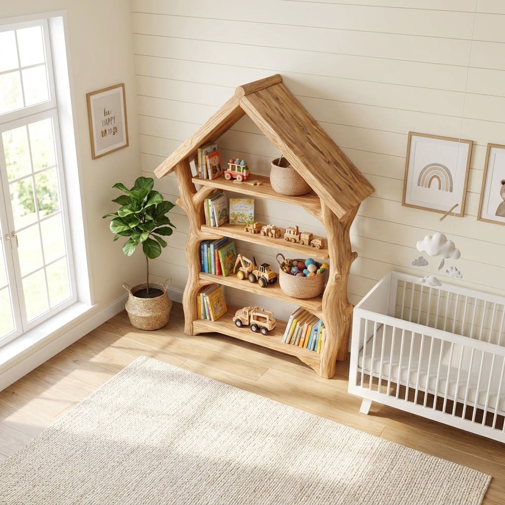 Hand-carved solid wood children's bookshelf with treehouse-inspired storage for contemporary nurseries