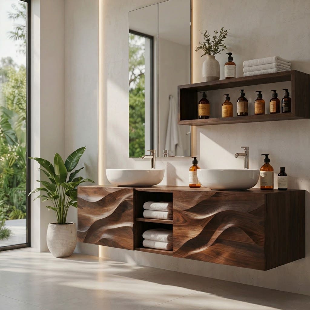 Sculptural hand-carved floating bathroom vanity crafted from solid wood with a wave design