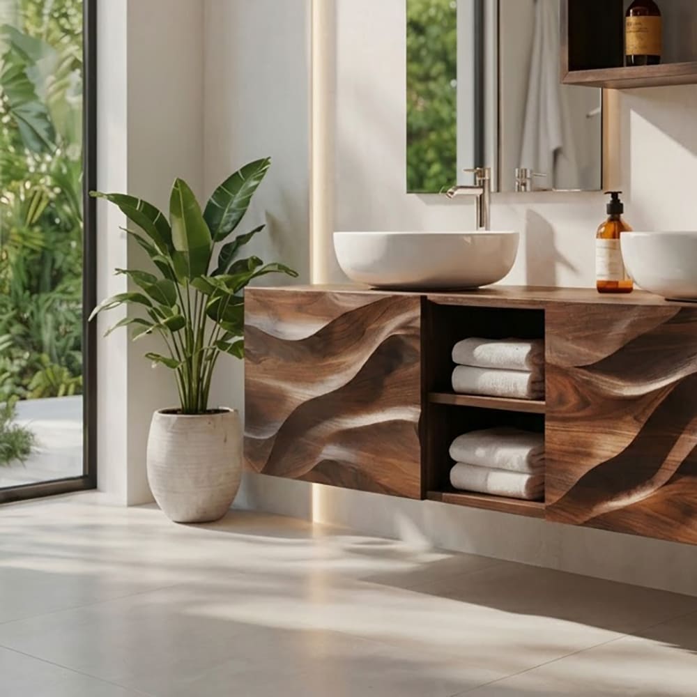Hand-carved solid wood floating bathroom vanity with sculptural wave detailing