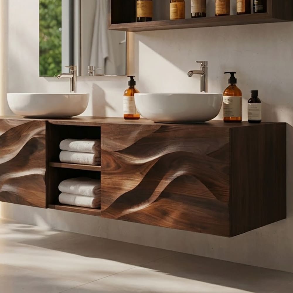 Sculptural solid wood floating vanity featuring intricate hand-carved wave patterns