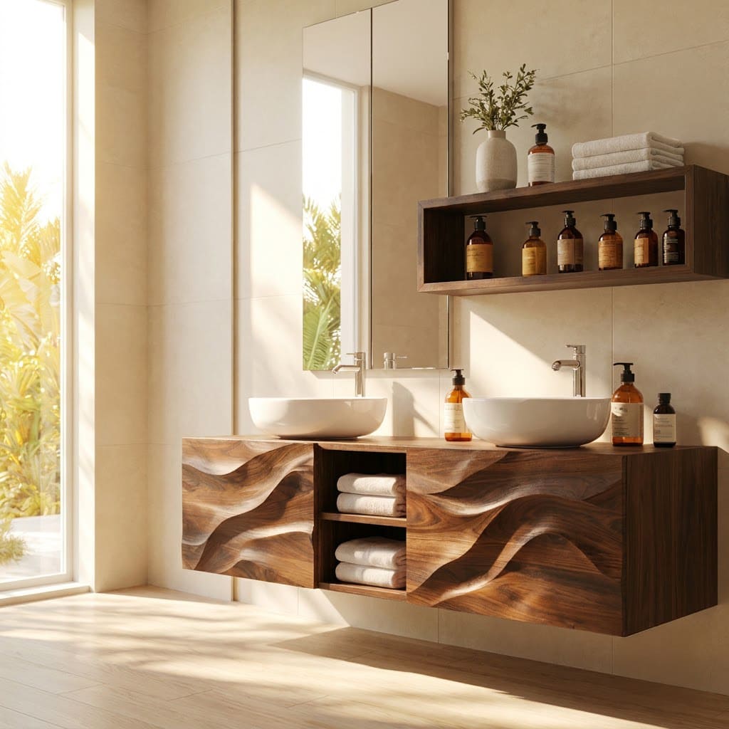 Sculptural hand-carved solid wood floating bathroom vanity with wave detailing for modern bathrooms