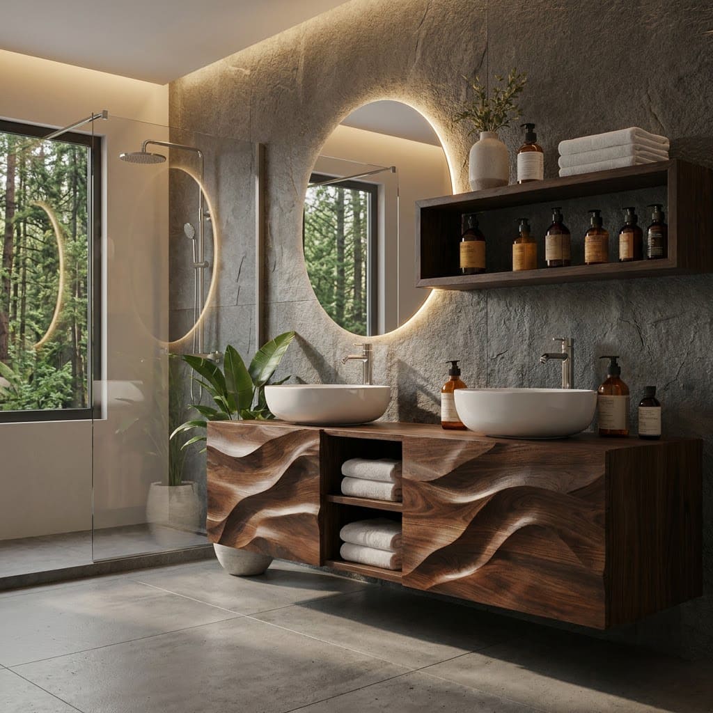 Hand-carved solid wood floating vanity with a flowing wave design for contemporary bathroom interiors