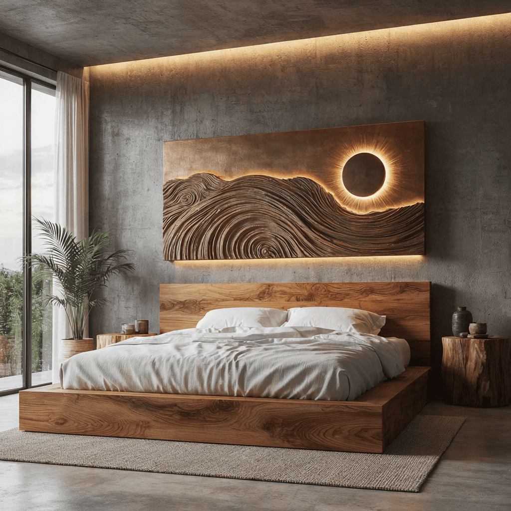 Sculptural wave wall art panel crafted from solid wood with backlit LED lighting