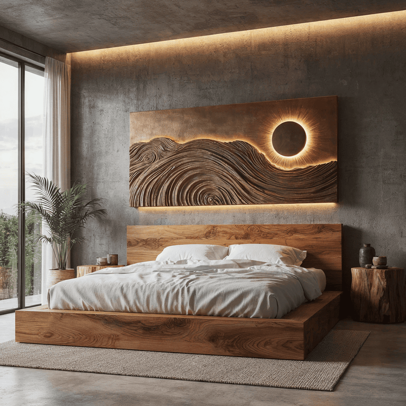 Sculptural wave wall art panel crafted from solid wood with backlit LED lighting