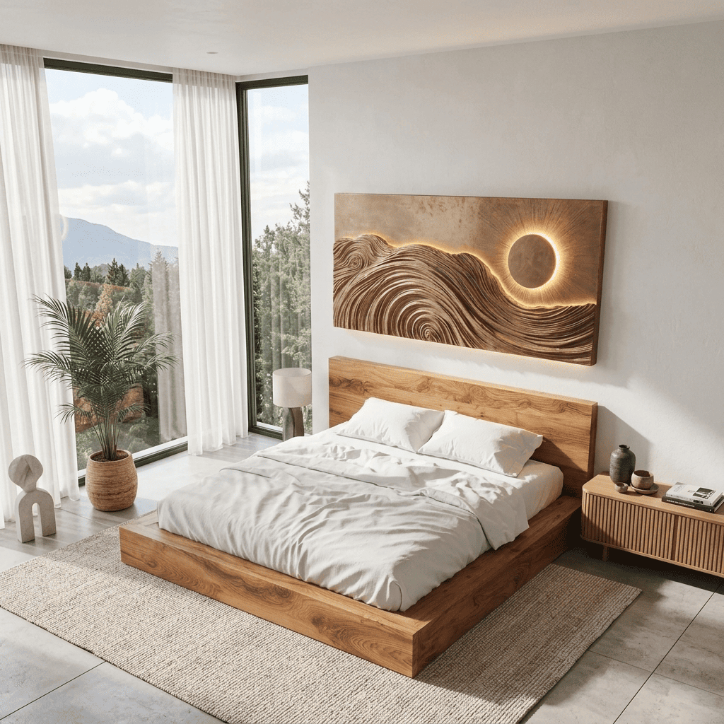 Sculptural hand-carved solid wood wave wall art panel with backlit LED eclipse for modern interiors