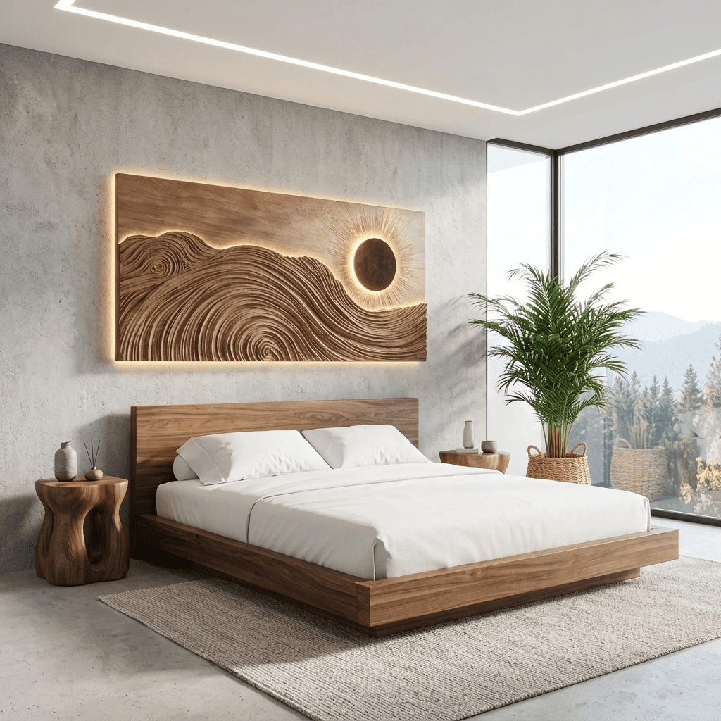 Hand-carved solid wood wall art panel with flowing wave design and LED backlighting for contemporary spaces
