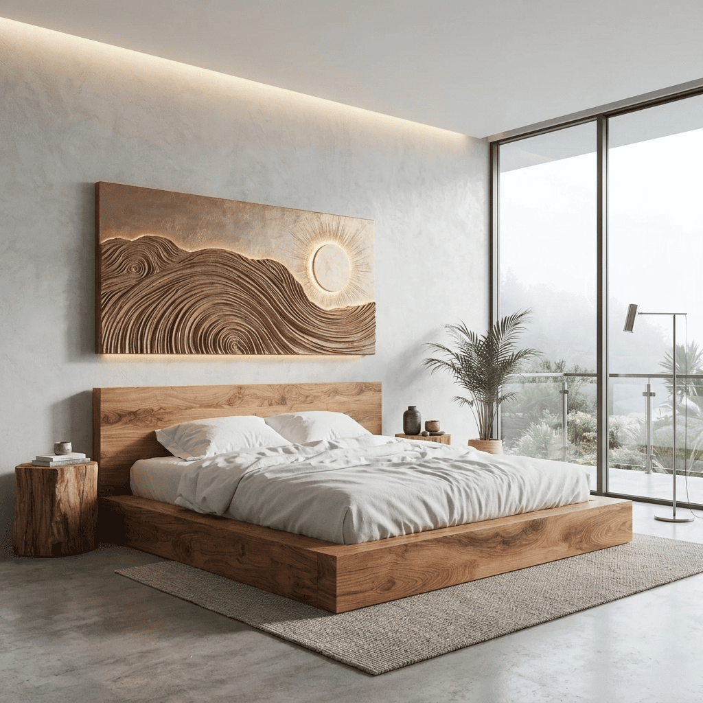 Sculptural solid wood wall art with wave carving and eclipse lighting for stylish modern interiors