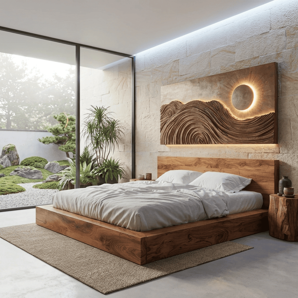 Hand-carved solid wood wave art panel with integrated LED backlighting for elegant living spaces