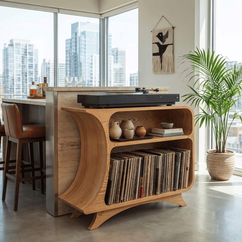 Sculptural arched record player stand in solid wood