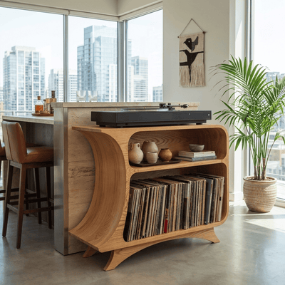 Sculptural Handcrafted Arched Solid Wood Vinyl Record Player Stand & Media Console Cabinet