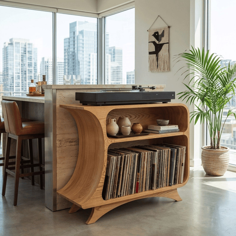 Sculptural arched record player stand in solid wood