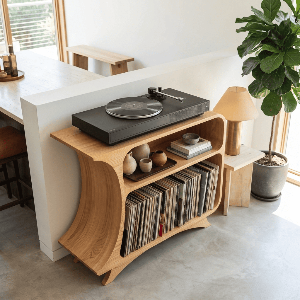 Sculptural solid wood arched record player stand in a contemporary living room