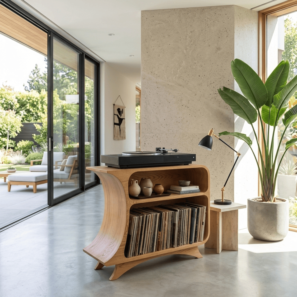 Artistic solid wood media console enhancing a minimalist entertainment space