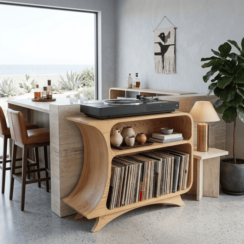 Organic solid wood arched record player cabinet displayed in a cozy music corner