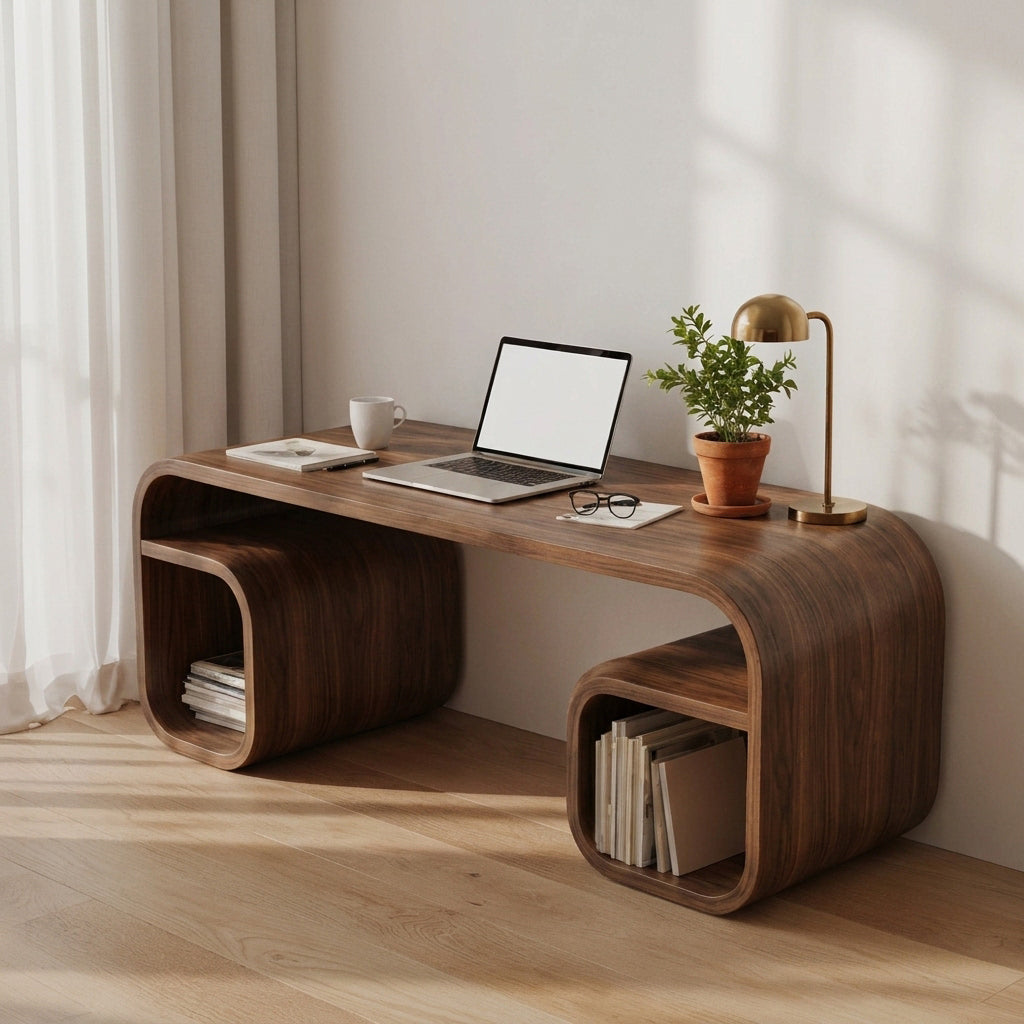 Sculptural bentwood bridge desk in solid wood