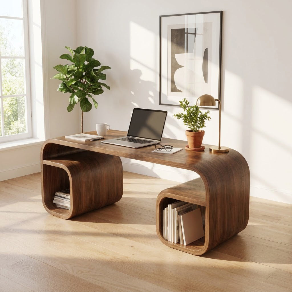 Sculptural solid wood bentwood bridge desk in a contemporary home office