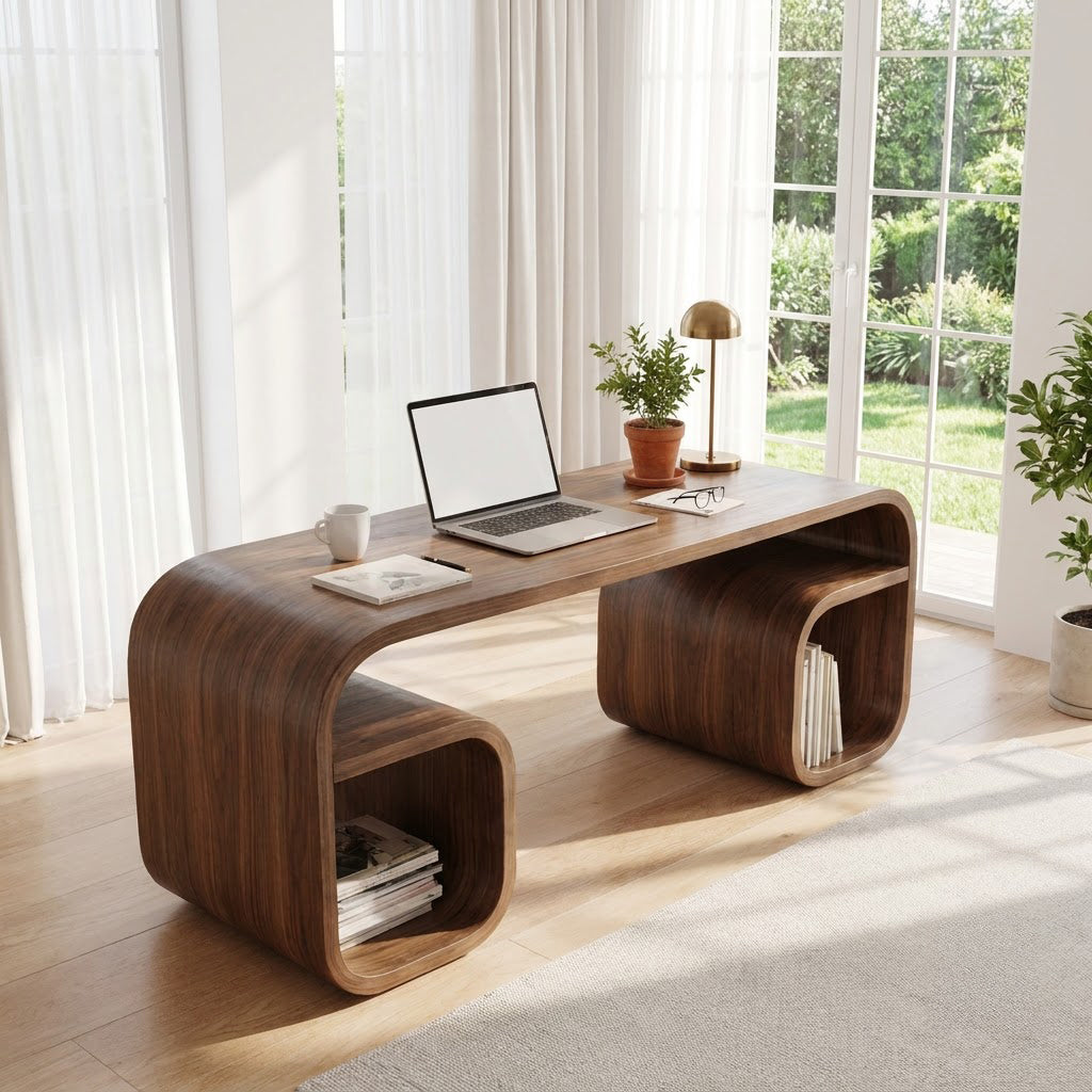 Handcrafted solid wood writing table with dual loop cubbies in a modern workspace