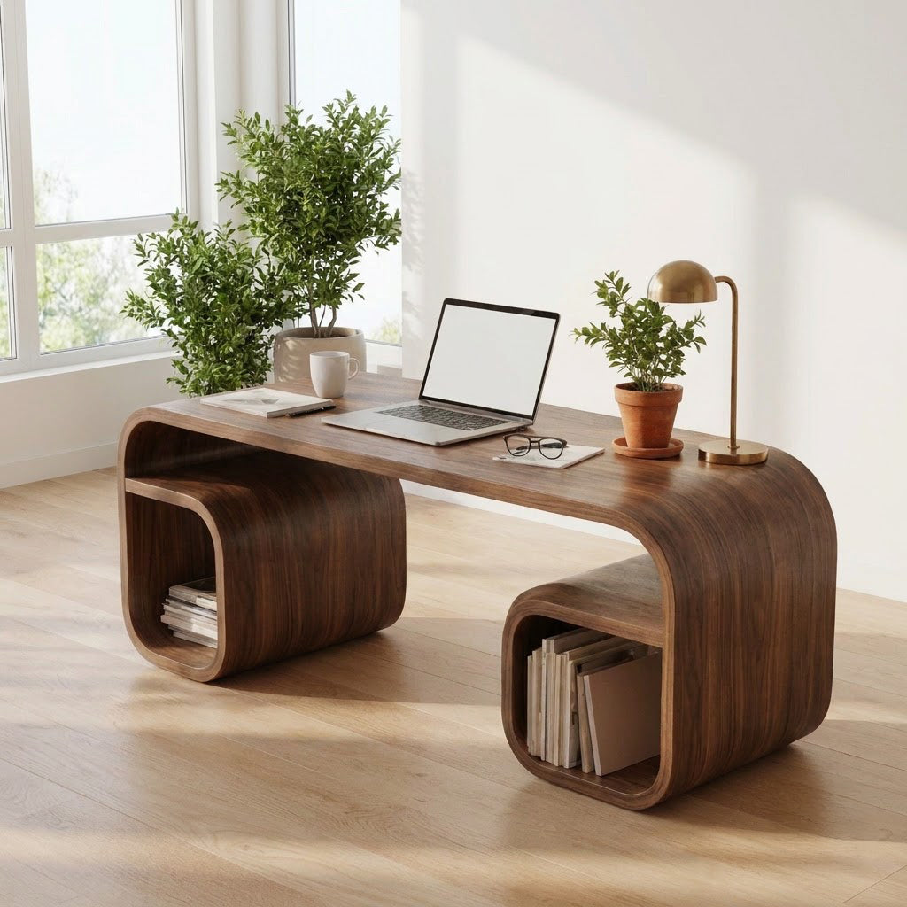 Organic solid wood bridge desk styled in a minimalist study