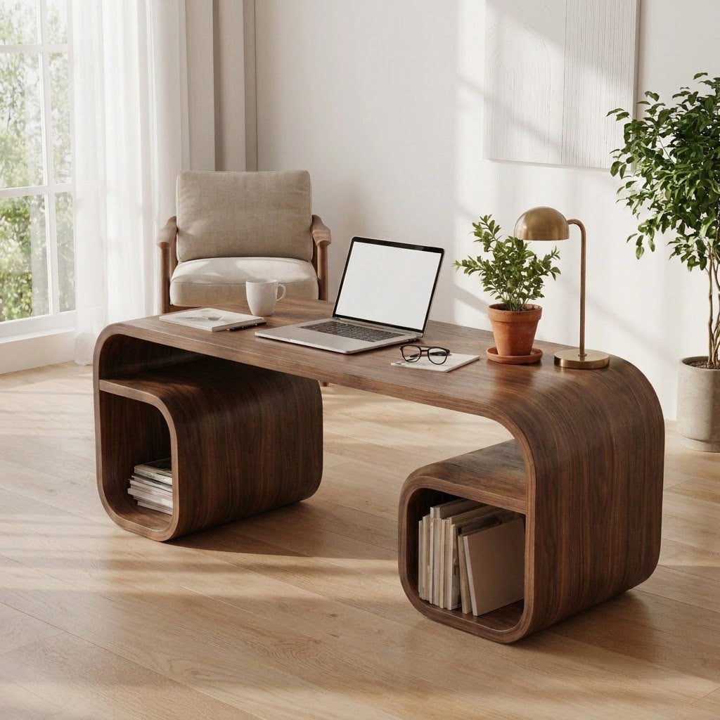 Artistic solid wood dual loop cubby desk enhancing a contemporary office interior