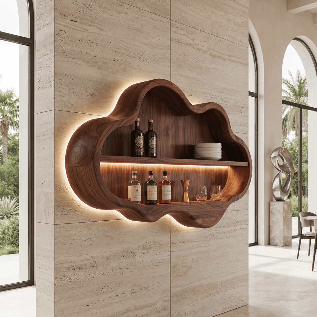 Sculptural cloud wall bar cabinet crafted from solid wood with handcrafted detailing