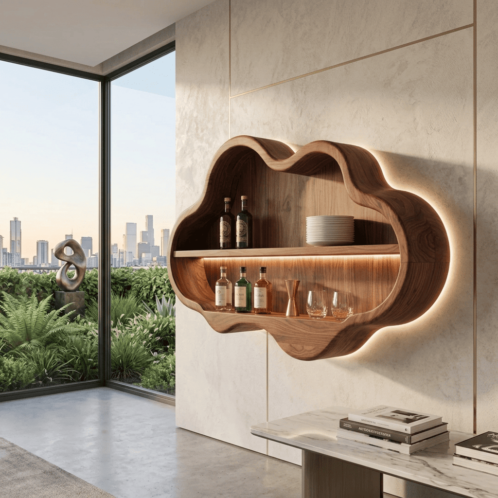 Sculptural handcrafted solid wood cloud wall bar cabinet with backlit LED illumination for modern interiors