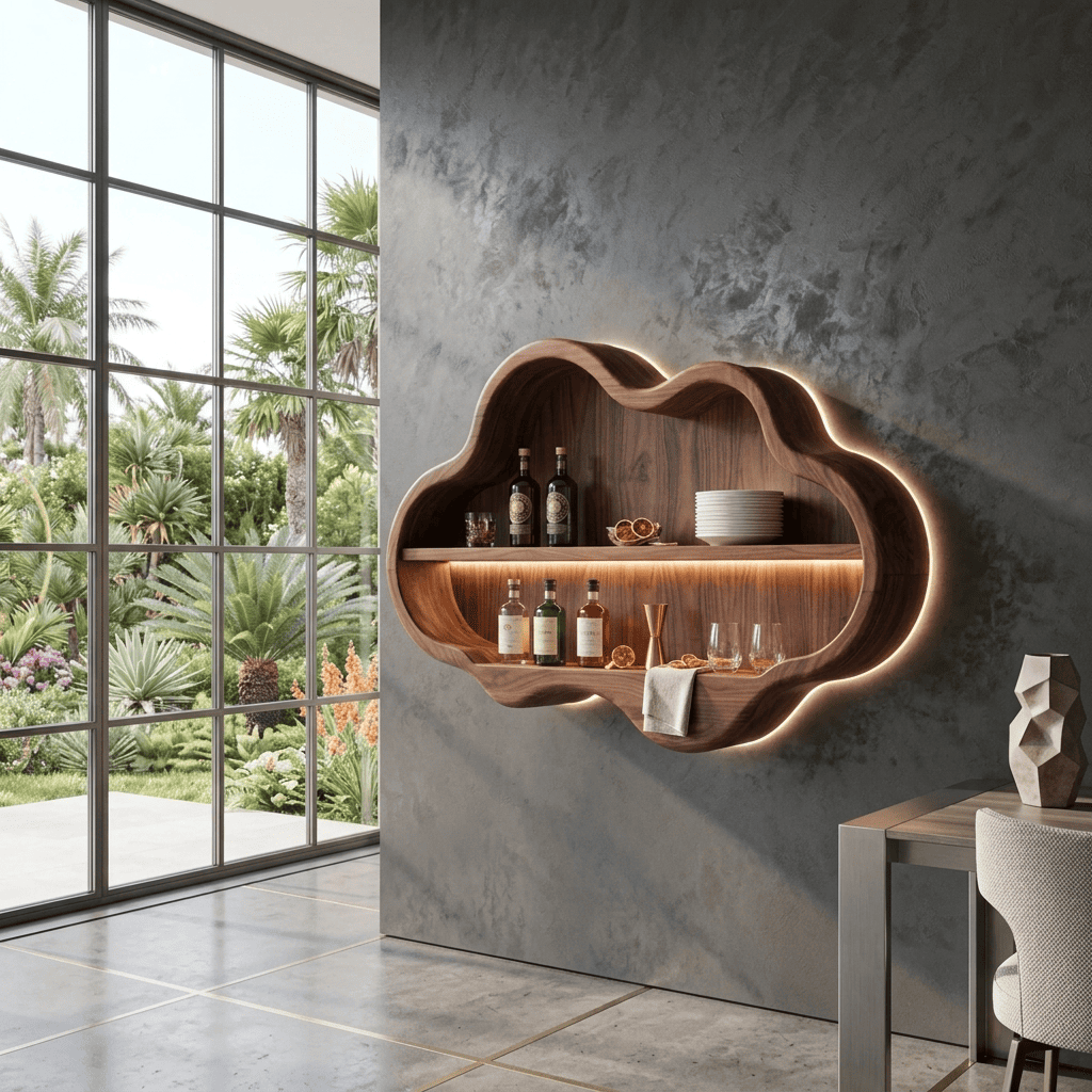 Organic handcrafted solid wood wall bar cabinet with backlit lighting for elegant modern entertaining spaces