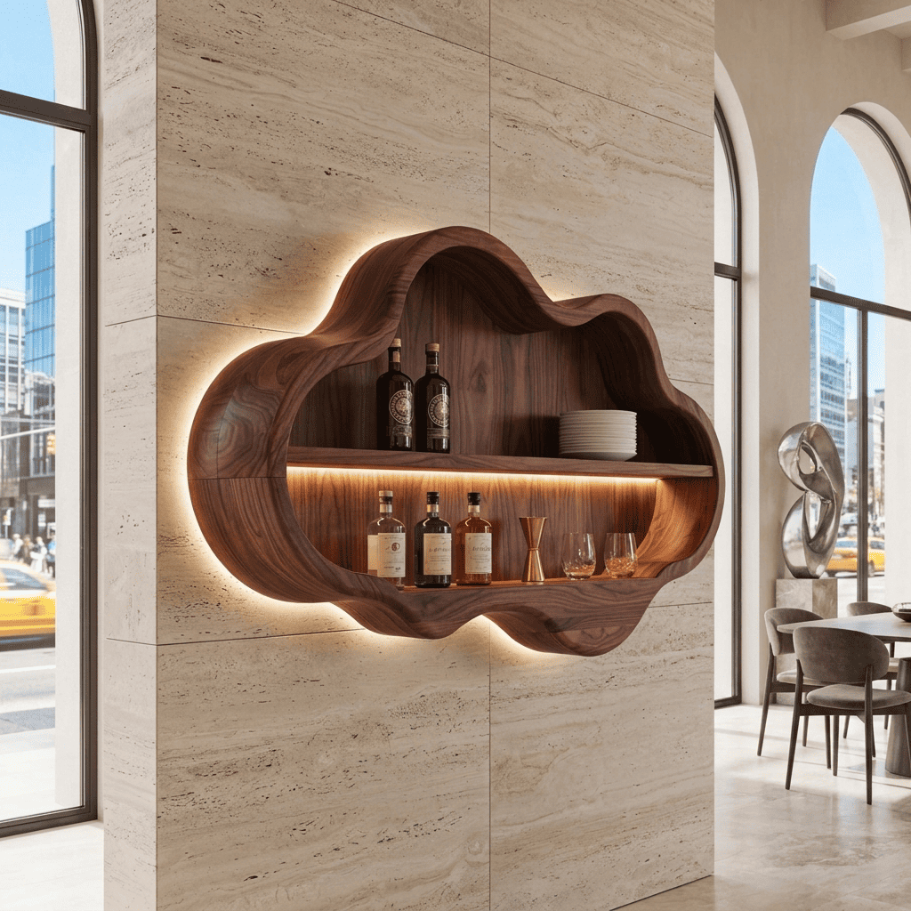 Handcrafted solid wood wall bar cabinet with cloud design and LED backlighting for contemporary dining spaces