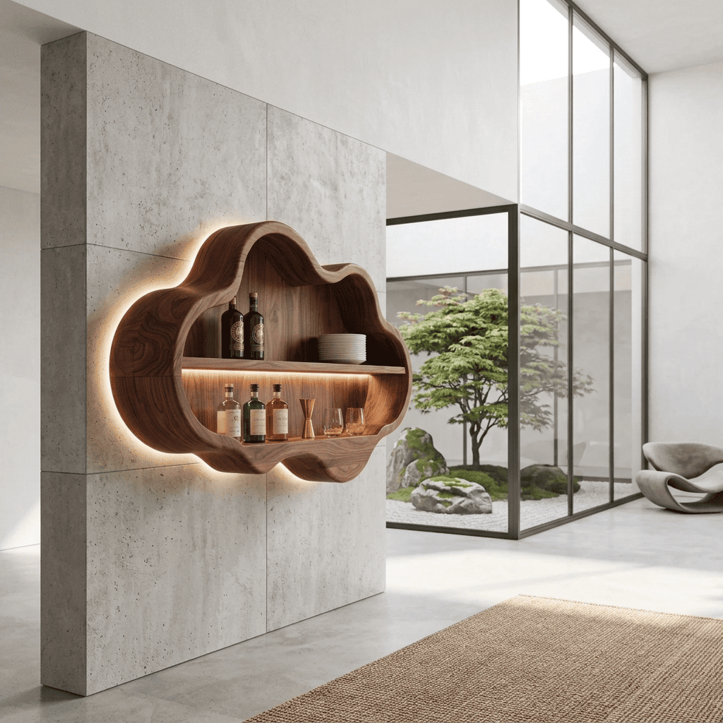 Sculptural solid wood cloud bar cabinet with integrated LED illumination for stylish home bar interiors