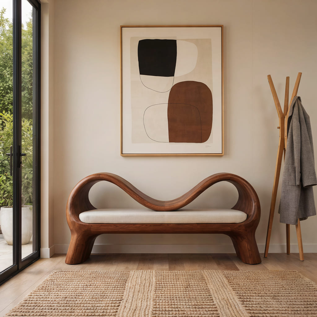 Curved living room bench crafted from solid wood