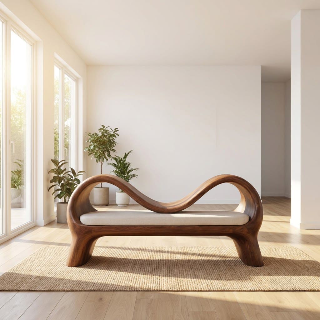 Handcrafted solid wood entryway bench styled in a modern foyer