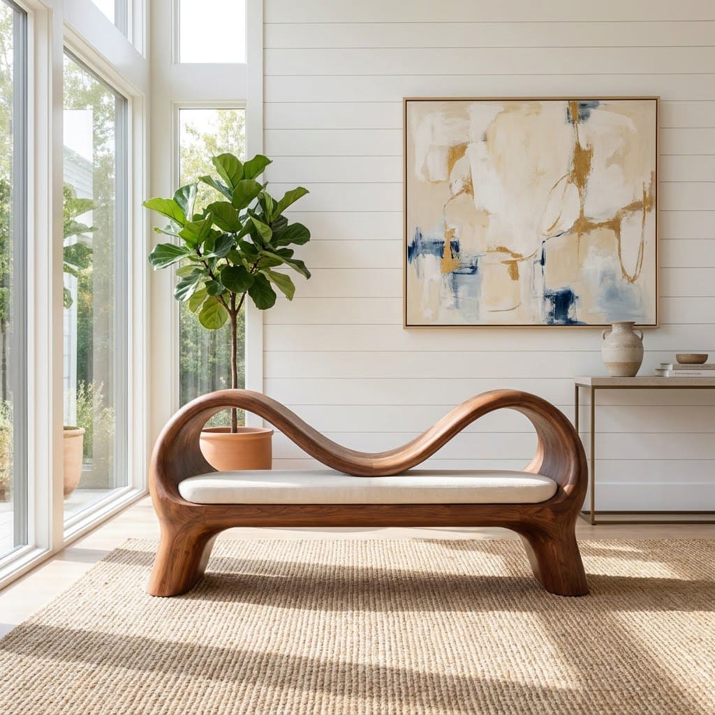 Artistic solid wood double wave bench enhancing a minimalist entryway