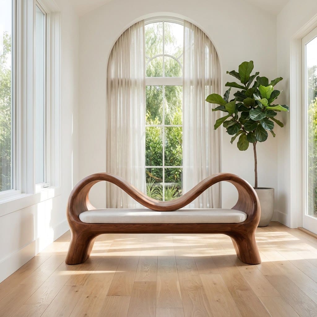 Sculptural solid wood arch bench showcased in an elegant entryway