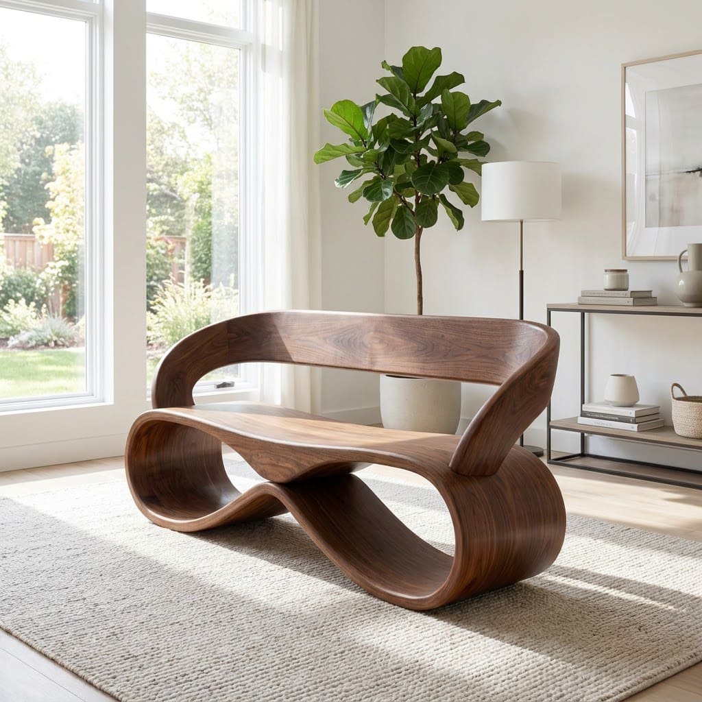 Organic solid wood infinity loop bench displayed in an elegant entryway