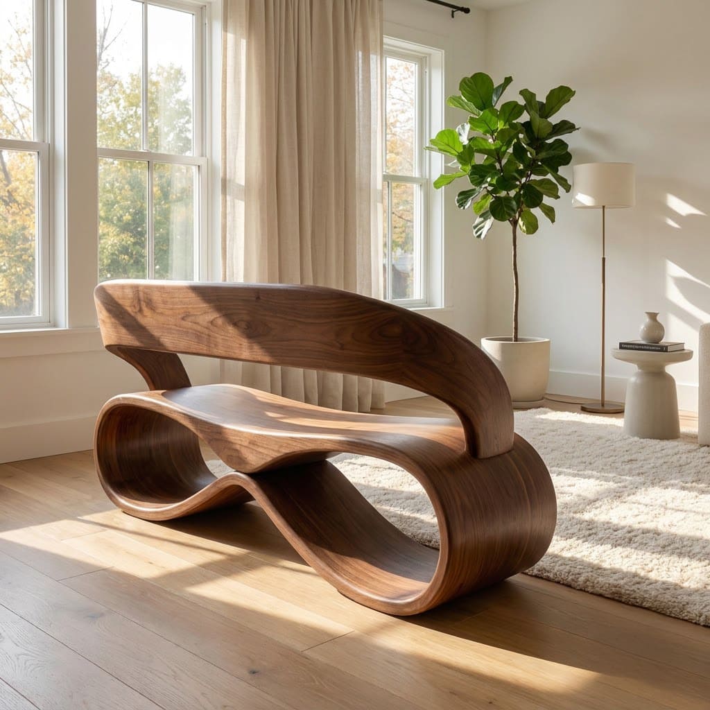 Sculptural solid wood statement bench showcased in a contemporary home interior