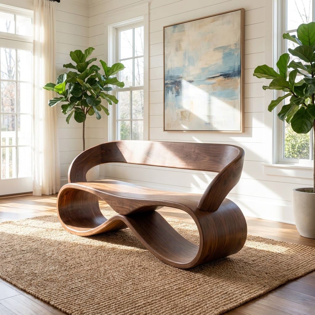 Organic solid wood infinity loop bench displayed in an elegant entryway