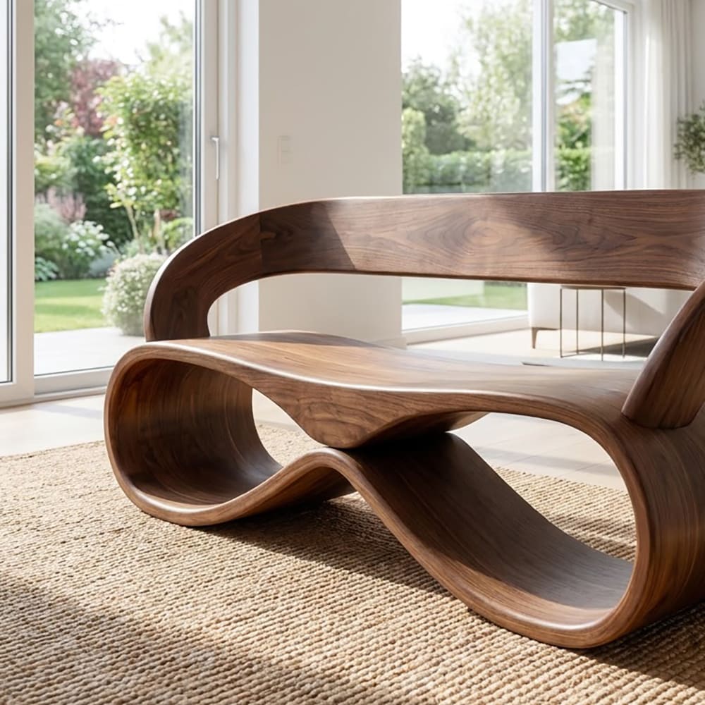 Handcrafted curved settee in solid wood
