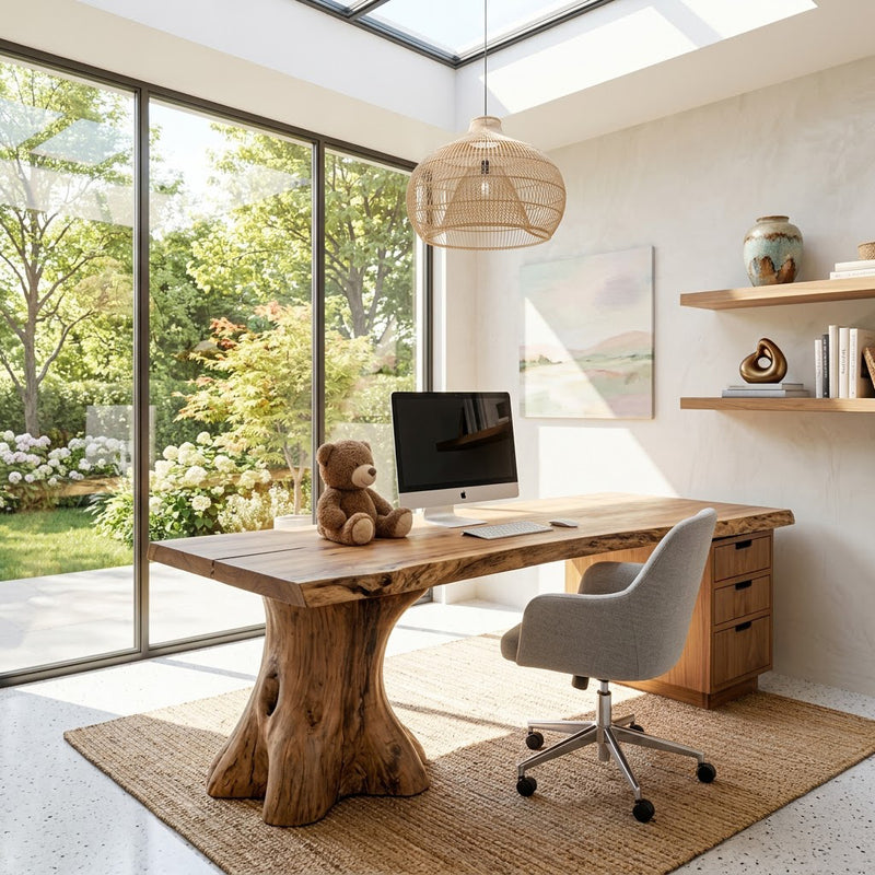 Handcrafted solid wood executive desk with tree trunk pedestal bases in a modern workspace