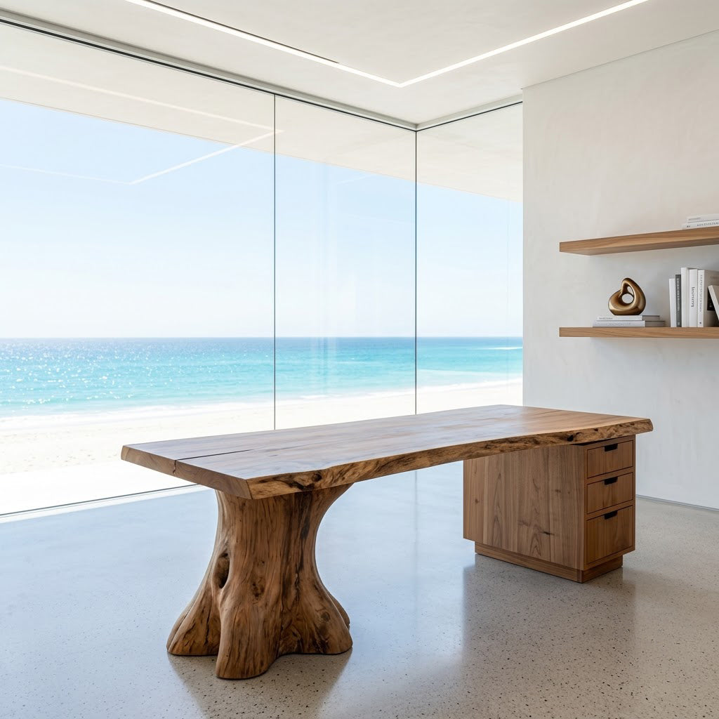 Artistic solid wood executive desk enhancing a sophisticated home office interior