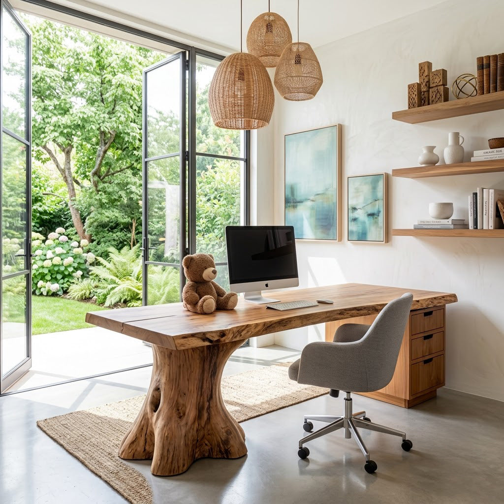 Sculptural solid wood tree trunk pedestal desk showcased in a contemporary workspace