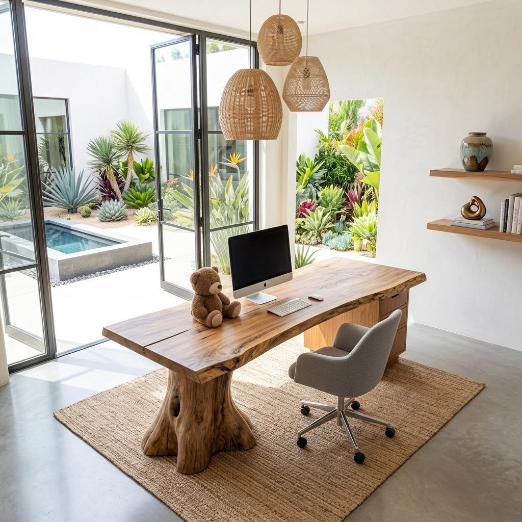 Organic live edge solid wood desk styled in an elegant executive office