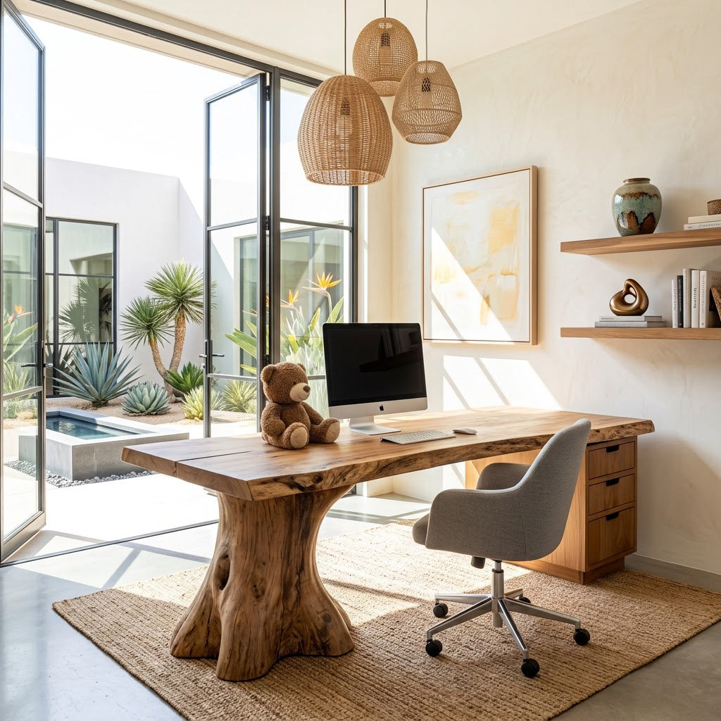 Artistic solid wood executive desk enhancing a sophisticated home office interior