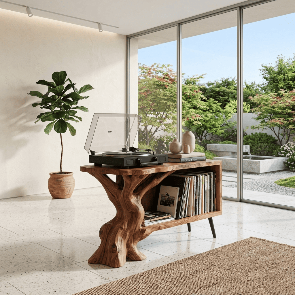 Sculptural natural wood tree trunk media console for a modern living room entertainment area