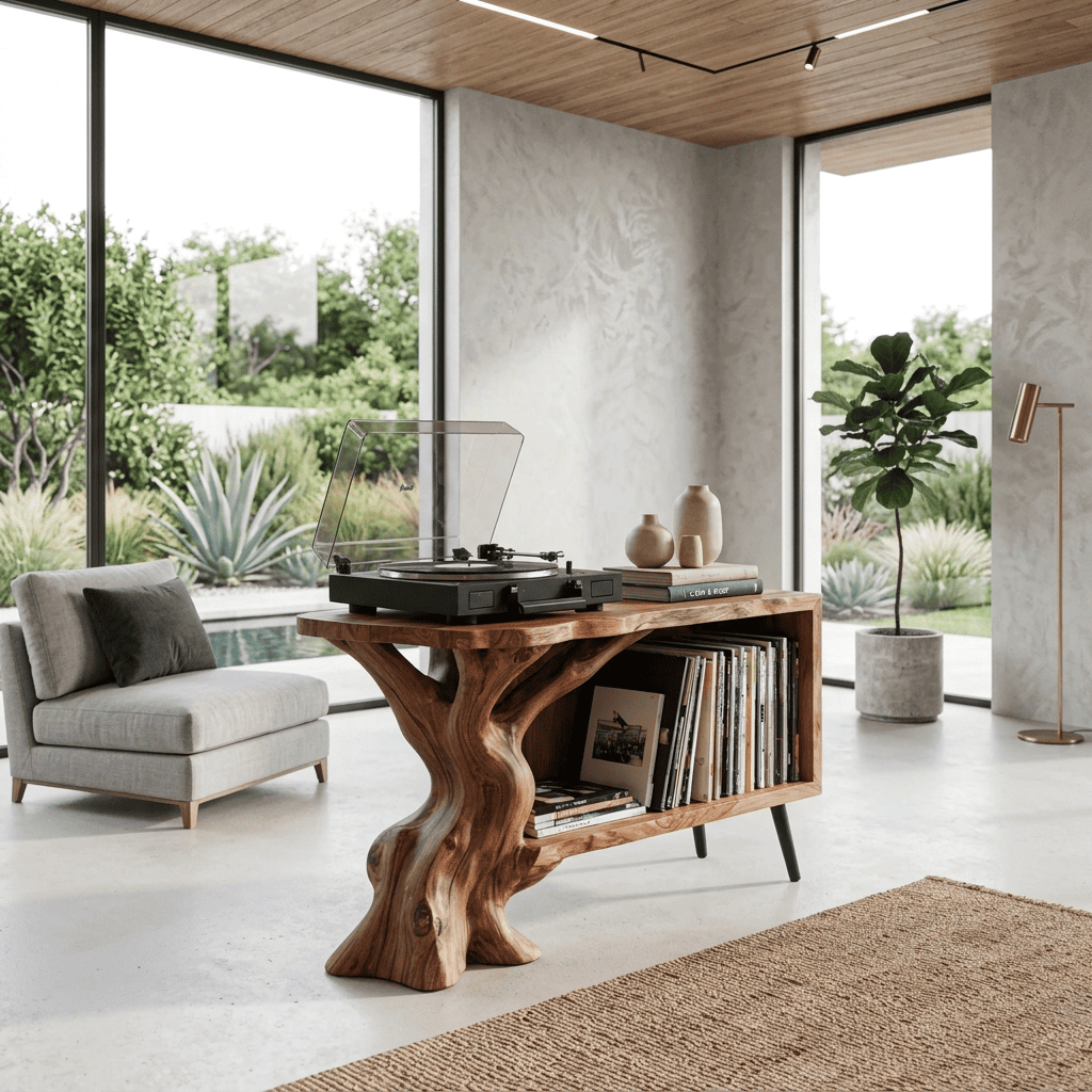 Rustic solid timber live edge vinyl stand elevating an elegant open-concept apartment