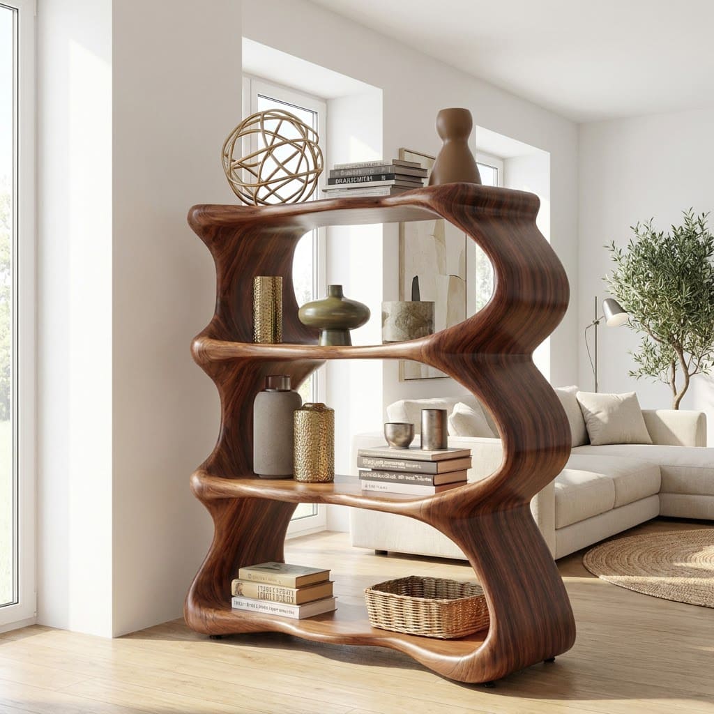 Sculptural organic display shelf crafted from solid wood with a wavy design