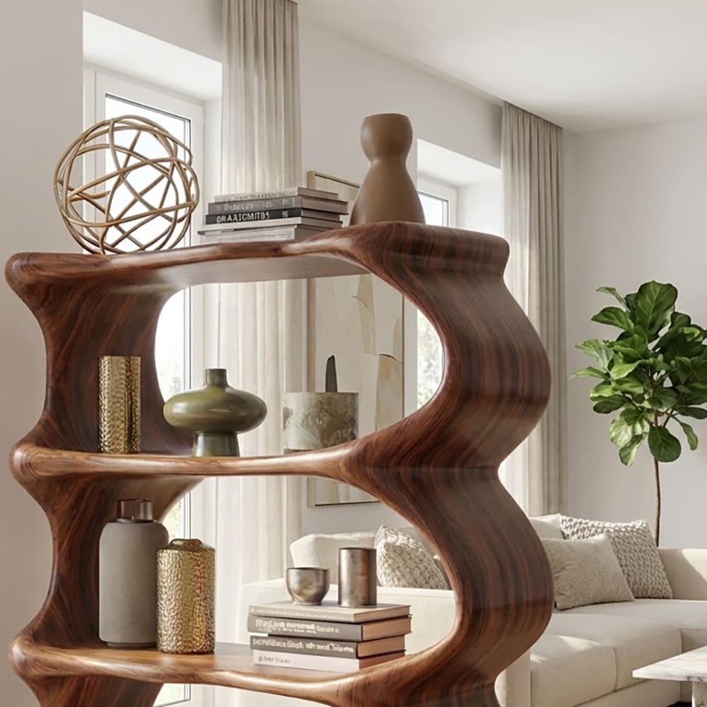Handcrafted wavy display shelf crafted from solid wood with an organic sculptural form