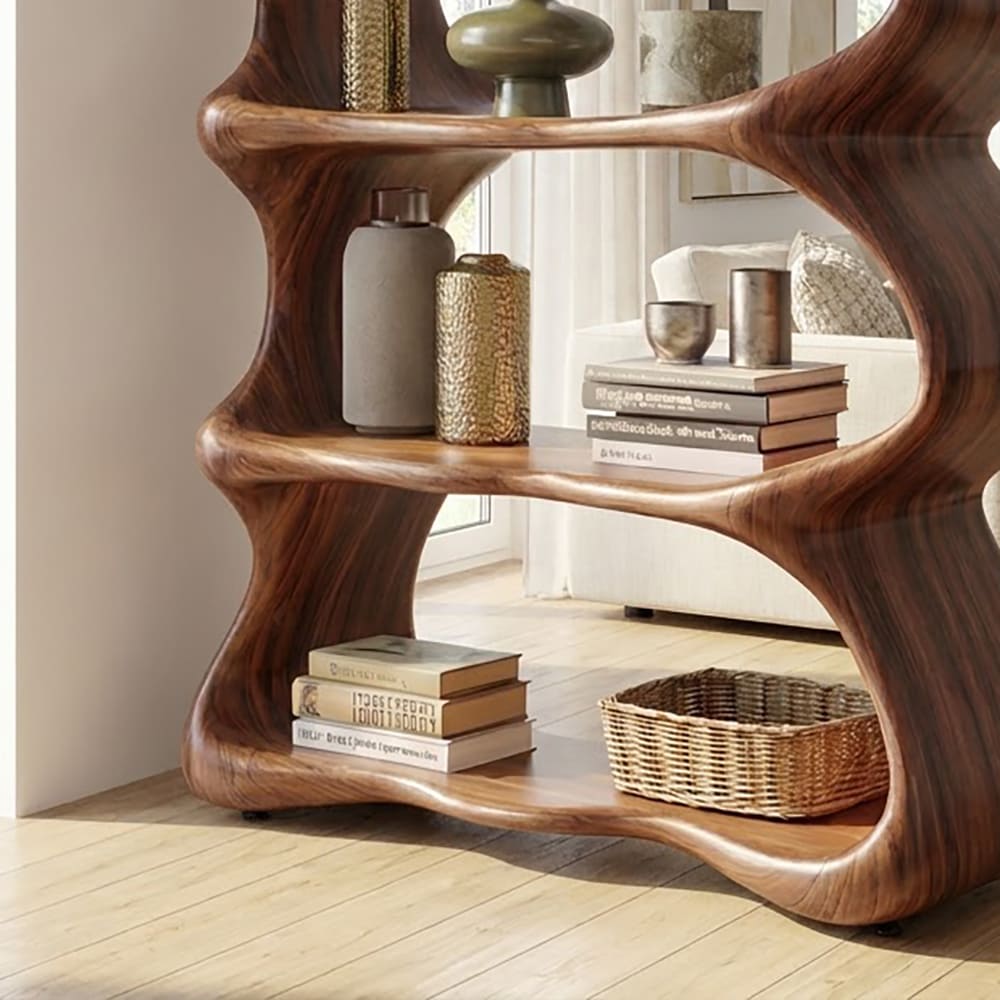 Organic wavy display shelf in solid wood with a handcrafted sculptural design