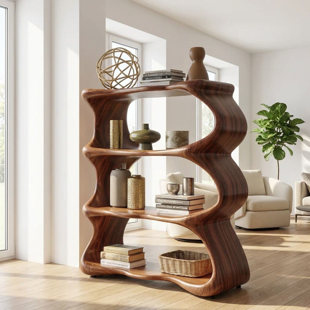 Sculptural handcrafted solid wood display shelf with an organic wavy design for modern interiors